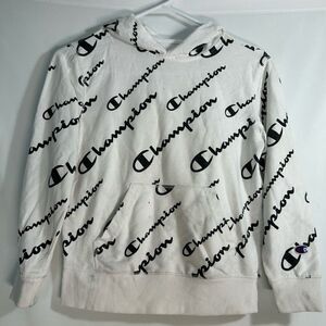Champion White All Over Print Logo Pullover Hoodie Boys Size S Large